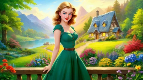 princess anna,dorthy,fairy tale character,girl in a long dress,fantasy picture,eilonwy,rapunzel,green dress,storybook character,tiana,dirndl,anarkali,landscape background,gwtw,ellinor,elsa,girl in the garden,margaery,saria,princess sofia