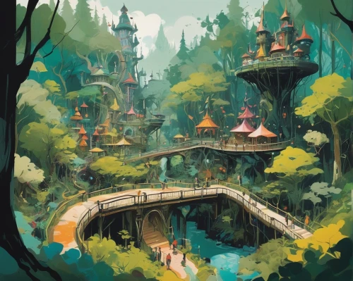 rivendell,fairy village,shambhala,elven forest,fairy world,elves country,hinterlands,adventure bridge,fablehaven,fantasy world,treehouses,fantasy city,riftwar,cartoon forest,citadels,fantasy landscape,nargothrond,fairy forest,fantasyland,gondolin,Conceptual Art,Fantasy,Fantasy 10