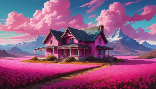 pink grass,purple landscape,dreamhouse,lonely house,fantasy landscape,home landscape,candyland,witch's house,pink dawn,cartoon video game background,lachapelle,landscape rose,mushroom landscape,flowerful desert,landscape background,roof landscape,wonderland,beautiful wallpaper,3d fantasy,fairyland,Conceptual Art,Fantasy,Fantasy 15