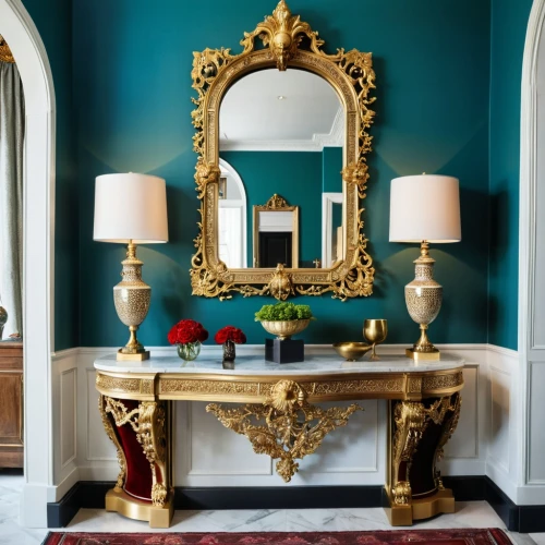 dressing table,gold stucco frame,art deco frame,sconces,decorative frame,enfilade,ornate room,mirror frame,opulent,opulently,corinthian order,gold foil art deco frame,gold lacquer,interior decor,wood mirror,reposed,mantelpieces,overmantel,opulence,vanities,Photography,General,Realistic