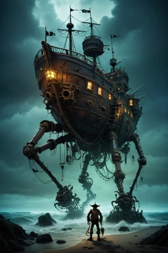 pirate ship,ghost ship,ship wreck,sea fantasy,shipwreck,shipwrecked,shipwrecks,aground,bathysphere,the wreck of the ship,galleon,sci fiction illustration,steampunk,fantasy picture,sunken ship,caravel,shipborne,fantasy art,oddworld,shipbreakers,Illustration,Abstract Fantasy,Abstract Fantasy 01