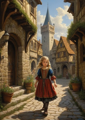 knight village,medieval street,nargothrond,little girl in wind,sylvania,elona,nelisse,troubadour,troubador,kinkade,novigrad,medieval town,halfling,elizabethport,shire,canterville,merida,townsfolk,eilonwy,rapunzel,Illustration,Realistic Fantasy,Realistic Fantasy 22