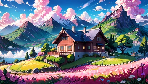 alpine village,mountain village,home landscape,fairy village,house in mountains,alpine landscape,butka,house in the mountains,mountain settlement,fairyland,salt meadow landscape,dreamhouse,fantasy landscape,landscape background,mushroom landscape,mountain huts,mountain world,fairy world,mountain landscape,mountain scene,Anime,Anime,Realistic