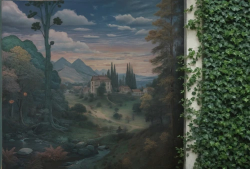 fantasy landscape,rivendell,murals,stage curtain,theater curtain,background design,wall painting,ecotopia,a curtain,background ivy,wall decoration,book wallpaper,church painting,tunnel of plants,elven forest,wall panel,backgrounds,gondolin,wall art,elves country