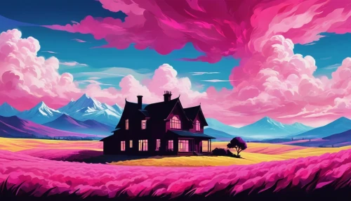 lonely house,house silhouette,witch's house,dreamhouse,home landscape,purple landscape,background design,mushroom landscape,houses silhouette,witch house,free land-rose,landscape background,landscape rose,background screen,backgrounds,fantasy landscape,high landscape,cartoon video game background,roof landscape,dreamscape,Illustration,Realistic Fantasy,Realistic Fantasy 37