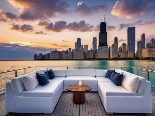 on a yacht,penthouses,chicago skyline,yachting,yacht,yacht exterior,yachts,roof terrace,superyacht,superyachts,chicagoan,boat dock,boat ride,chicagoland,pontoon boat,dubay,lakefront,luxury property,lake shore,chicago,Illustration,Retro,Retro 01