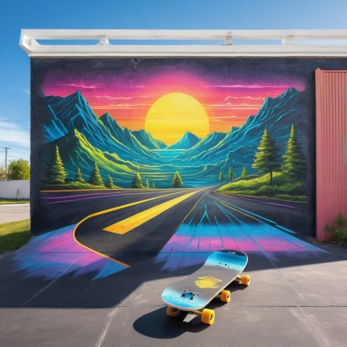 street chalk,skating rink,graffiti art,3d car wallpaper,painted block wall,chalk drawing,painted wall,skate board,parking spot,street canyon,muralist,road cover in sand,wall art,wall paint,parking space,wall painting,tuscon,slide canvas,racing road,electric gas station,Conceptual Art,Fantasy,Fantasy 03