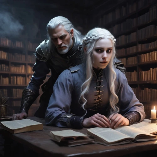 imerys,librarians,tutor,maester,witcher,targaryen,consultors,tutoring,bookworms,binding contract,lectors,father and daughter,spellbook,wights,games of light,gothic portrait,gwent,emrys,daenerys,mother and father,Conceptual Art,Fantasy,Fantasy 01