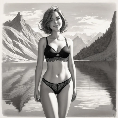 girl on the river,world digital painting,evigan,digital painting,reine,myleene,pineview,gossard,gokyo ri,bonneville,nahanni,female model,bandeau,fujiko,photo painting,tiber riven,lago grey,gokyo,asami,fantasie,Illustration,Black and White,Black and White 08