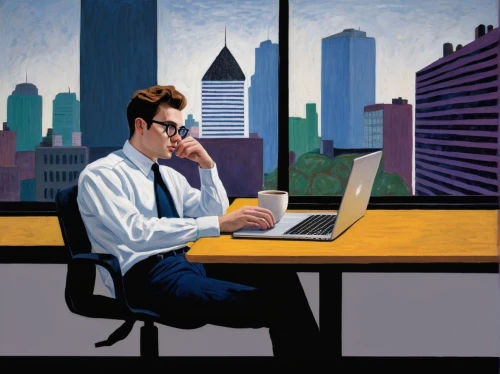 man with a computer,telecommuters,office worker,jasinski,telecommuting,telecommute,computerologist,telecommuter,salaryman,telecommutes,telework,in a working environment,night administrator,modern office,freelancer,blur office background,workspaces,teleworkers,working space,secretarial,Art,Artistic Painting,Artistic Painting 09