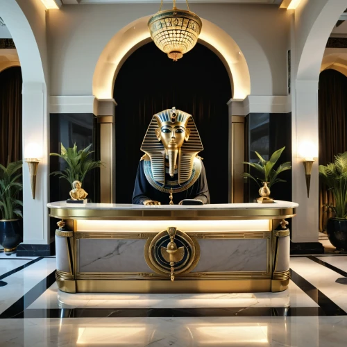 pharaoh,wadjet,pharaonic,the cairo,pharoah,pharaohs,egyptienne,luxor,tutankhamun,lion capital,egyptian,pharoahs,replica of tutankhamun's treasure,concierge,freemason,masonic,egypt,tutankhamen,hotel lobby,sekhmet,Photography,General,Realistic