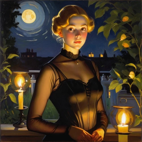 night scene,hildebrandt,gaslight,lady of the night,belle,schuitema,contessa,moonlit night,game illustration,zatara,nightdress,lamplight,the girl in nightie,gaslights,sylvania,moonlighters,soir,nelisse,boudria,leighton,Art,Classical Oil Painting,Classical Oil Painting 20