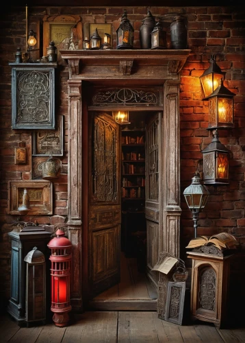 inglenook,victorian kitchen,vintage lantern,apothecary,victorian room,alcove,gaslight,apothecaries,scullery,cupboard,dolls houses,dollhouses,gas lamp,pantry,antiquaires,brandy shop,vintage kitchen,stationer,antique background,oil lamp,Illustration,Realistic Fantasy,Realistic Fantasy 35
