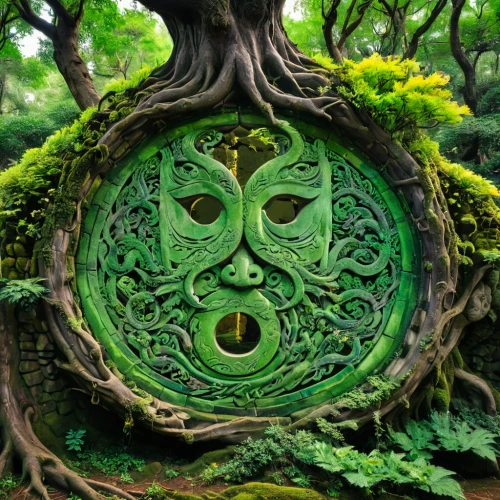 greenman,celtic tree,garden sculpture,koru,tree of life,druidic,japanese garden ornament,anahata,green garden,leota,korowai,cernunnos,fairy door,mother earth,druidism,biopiracy,ozora,circle around tree,mother earth statue,naples botanical garden,Illustration,Paper based,Paper Based 18