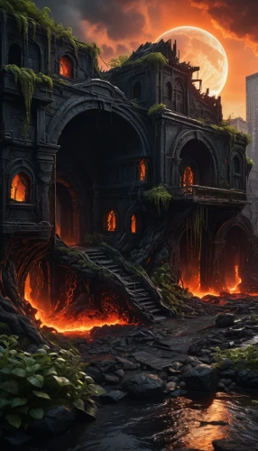 lava river,scorched earth,khandaq,inferno,destroyed city,vulcano,tartarus,firelands,fire background,burning earth,ruins,mordor,hellgate,cataclysm,osgiliath,lava,apocalyptic,apocalypse,fire land,fantasy landscape,Illustration,Realistic Fantasy,Realistic Fantasy 17