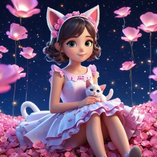 rosa ' the fairy,little girl fairy,rosa 'the fairy,cute cartoon character,little girl in pink dress,flower fairy,marinette,nancie,fairy galaxy,princess sofia,miette,fairy tale character,eloise,floricienta,japanese sakura background,cute cartoon image,storybook character,fairy,3d fantasy,pink petals,Unique,3D,3D Character