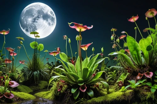 mushroom landscape,fairy forest,nature background,fairy world,moon and foliage,fairyland,nature wallpaper,tulip background,3d background,moonlit night,splendor of flowers,fantasy picture,spring background,flower background,dreamscapes,springtime background,lunar landscape,cartoon video game background,children's background,3d fantasy,Photography,General,Realistic