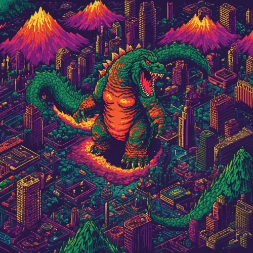 kaijuka,kaiju,godzilla,pixel art,zilla,spacegodzilla,contra,terrax,sacoglossan,fantasy city,dinosaur,ladinos,multnomah,saurus,castlevania,deathsaurus,dinos,maguana,alebrije,basilisk,Unique,Pixel,Pixel 04