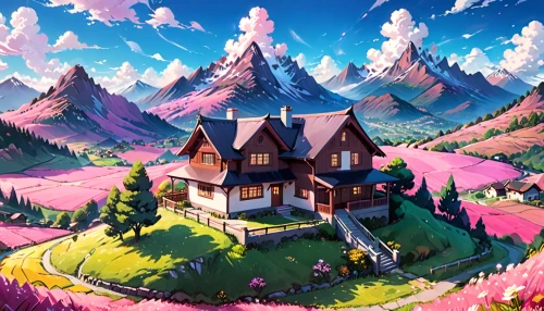 alpine village,house in mountains,home landscape,house in the mountains,mountain village,mountain settlement,dreamhouse,roof landscape,alpine landscape,mountain huts,aurora village,fantasy landscape,landscape background,bernese highlands,butka,sylvania,little house,mountainside,mountain landscape,mountain scene,Anime,Anime,Realistic