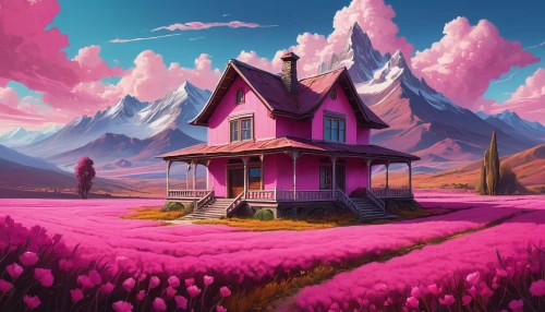 lonely house,pink grass,dreamhouse,home landscape,purple landscape,little house,witch's house,free land-rose,pink dawn,candyland,landscape rose,beautiful home,pink squares,cartoon video game background,fantasy landscape,pink tulips,small house,electrohome,dandelion hall,lazytown,Conceptual Art,Fantasy,Fantasy 15