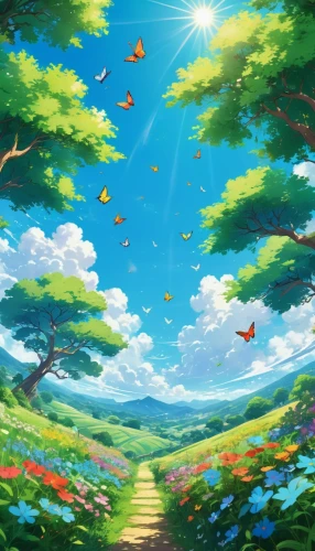 butterfly background,cartoon video game background,nature background,landscape background,spring background,spring leaf background,springtime background,children's background,blooming field,fairy forest,fairy world,hisaishi,forest of dreams,printemps,flower field,windows wallpaper,fairies aloft,forest background,sunburst background,fairyland,Illustration,Japanese style,Japanese Style 03