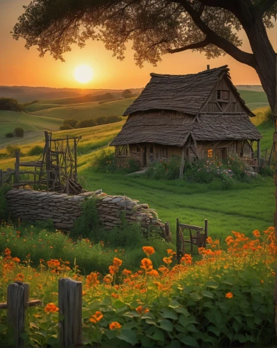 home landscape,meadow landscape,country cottage,rural landscape,farm landscape,summer cottage,beautiful landscape,bucolic,country house,hobbiton,countryside,landscape background,holland,beautiful home,country side,homesteader,shire,nature landscape,landscapes beautiful,thatched cottage,Illustration,American Style,American Style 07