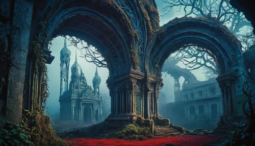 hall of the fallen,haunted cathedral,necropolis,ravenloft,castlevania,fantasy picture,labyrinthian,portal,old graveyard,mausoleum ruins,gothic,gothic style,gothicus,witch's house,magorium,tentorium,sepulchres,woolfe,ruins,entrada,Illustration,Retro,Retro 13