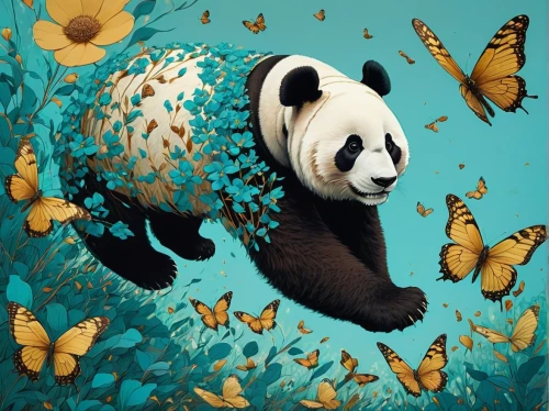 panda,pandas,beibei,giant panda,hanging panda,jianfeng,pando,large panda bear,pandita,pandera,panda bear,pandua,kawaii panda,butterfly background,whimsical animals,pandeli,puxi,pandolfo,little panda,endangered,Illustration,Realistic Fantasy,Realistic Fantasy 12