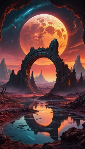 fantasy landscape,lunar landscape,alien planet,futuristic landscape,fire planet,alien world,valley of the moon,volcanic landscape,rift,fantasy picture,moonscape,volcanic,moon valley,phase of the moon,portal,barren,scorched earth,barsoom,space art,lava,Illustration,Realistic Fantasy,Realistic Fantasy 40