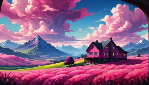 mushroom landscape,home landscape,fantasy landscape,landscape background,pink grass,paisaje,lonely house,roof landscape,house in mountains,purple landscape,high landscape,virtual landscape,futuristic landscape,dreamhouse,background design,mountain landscape,house in the mountains,free land-rose,house silhouette,candyland,Conceptual Art,Fantasy,Fantasy 03