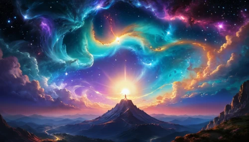 unicorn background,auroral,fantasy picture,ascendent,fire background,metavolcanic,fantasy landscape,beautiful wallpaper,ascension,fire mountain,aura,vast,nebulos,mountain sunrise,the pillar of light,erupting,samuil,samsung wallpaper,celestial,loa,Illustration,Realistic Fantasy,Realistic Fantasy 20