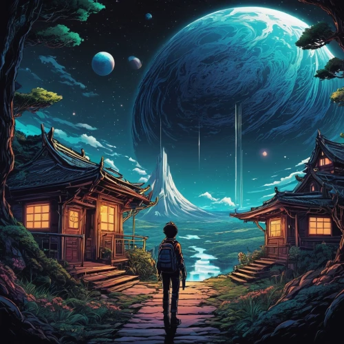 sci fiction illustration,tanabata,dream world,world digital painting,3d fantasy,space art,earth rise,fantasy picture,earthbound,dreamscape,astral traveler,little world,takahata,planet,kawamori,other world,ghibli,futuristic landscape,imaginasian,fantasy world,Illustration,Realistic Fantasy,Realistic Fantasy 25