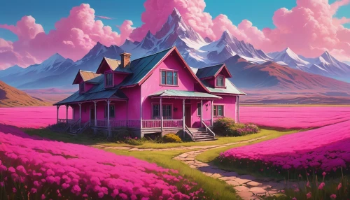 pink grass,lonely house,purple landscape,home landscape,dreamhouse,little house,fantasy landscape,pink tulips,summer cottage,witch's house,small house,landscape background,house in mountains,flowerful desert,beautiful home,house in the mountains,idyllic,cottage,pink daisies,roof landscape,Conceptual Art,Fantasy,Fantasy 15