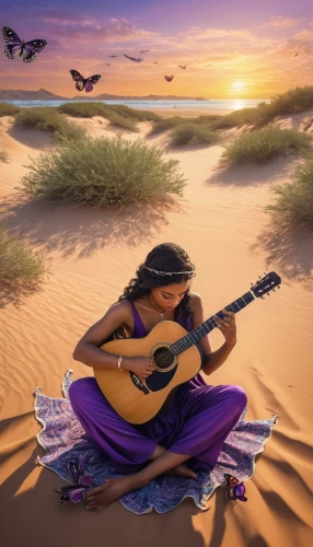 girl on the dune,tuaregs,classical guitar,cavaquinho,tuareg,woman playing,desert background,tinariwen,bouzoubaa,folksinger,arabic background,gharana,voyageur,troubadour,itinerant musician,folksongs,bedouin,troubador,deserto,acoustic guitar,Photography,General,Natural