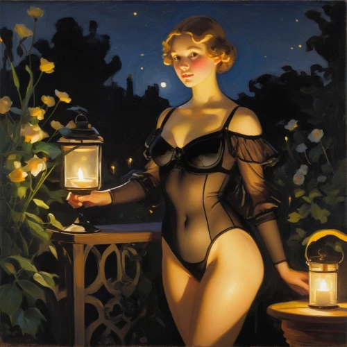 hildebrandt,candlelit,vintage lantern,fireflies,fairy lanterns,illuminated lantern,nightdress,night scene,nightgown,vintage illustration,lady of the night,tealights,jasmine-flowered nightshade,candlelight,satine,radebaugh,magicienne,soir,venus,belle,Art,Classical Oil Painting,Classical Oil Painting 20