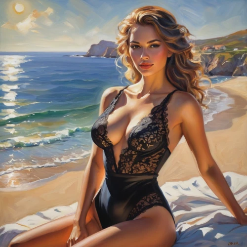 donsky,italian painter,fischl,art painting,blonde woman,photorealist,guenter,fantasy art,oil painting,beach scenery,tretchikoff,sun and sea,hildebrandt,dmitriev,fantasie,beach landscape,vedra,beach background,sunniness,nestruev,Illustration,Paper based,Paper Based 11