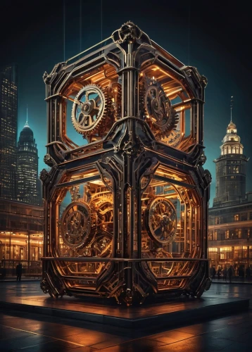 orchestrion,steampunk gears,clockwork,tesseract,clockmaker,armillary sphere,tesseractic,kinetic art,cog,steam icon,clockworks,cube background,dodecahedron,steampunk,clockmakers,gyroscope,horologium,metatron's cube,dodecahedra,icosidodecahedron,Illustration,Realistic Fantasy,Realistic Fantasy 13