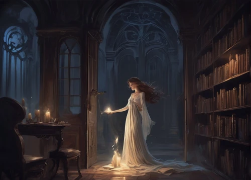 heatherley,bibliophile,librarian,mystical portrait of a girl,enchantment,galadriel,fantasy picture,bookish,candlemaker,nightdress,sci fiction illustration,melian,sorceresses,isoline,scholar,lectio,margaery,spellcasting,gothic portrait,bookstore,Conceptual Art,Fantasy,Fantasy 01