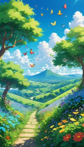 landscape background,cartoon video game background,springtime background,nature background,spring background,children's background,blooming field,butterfly background,crayon background,spring leaf background,watercolor background,background view nature,windows wallpaper,forest background,art background,background colorful,digital background,pathway,beautiful wallpaper,meadow landscape,Illustration,Japanese style,Japanese Style 03