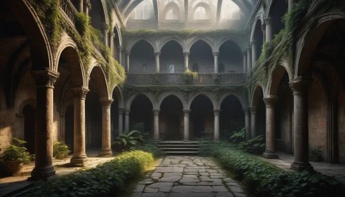 cloisters,cloister,courtyards,courtyard,labyrinthian,cloistered,hall of the fallen,ruins,inside courtyard,theed,ruin,crypts,undercroft,archways,monastery,atriums,sanctuary,cortile,arcaded,arcades,Conceptual Art,Sci-Fi,Sci-Fi 16