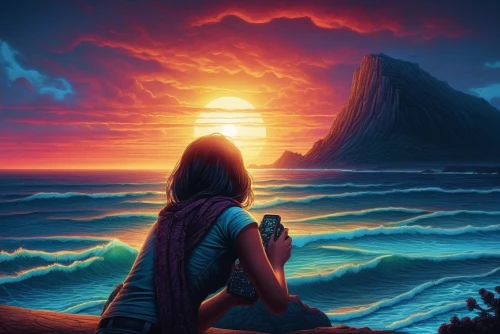 ocean view,ocean background,moana,world digital painting,the horizon,oceanview,the endless sea,sea night,horizons,dreamscape,coast sunset,sunset,fantasy picture,ocean paradise,landscape background,seascape,mermaid background,ocean,mountain and sea,sun and sea,Illustration,Realistic Fantasy,Realistic Fantasy 25