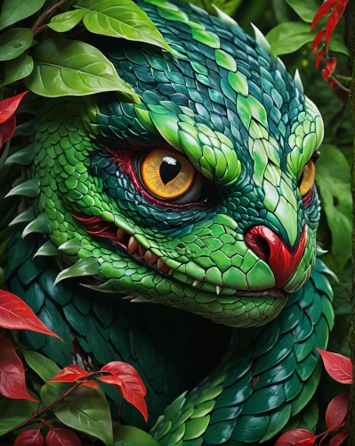 green python,painted dragon,quetzalcoatl,lagarto,emerald lizard,quetzal,green iguana,green snake,basiliscus,panther chameleon,basilisk,chameleon abstract,green tree snake,iguana,pitviper,forest dragon,beautiful chameleon,vipera,serpiente,maguana,Illustration,Realistic Fantasy,Realistic Fantasy 45