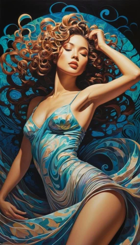 amphitrite,sirena,fantasy art,fluidity,sirene,mermaid background,blue enchantress,bodypainting,swirling,jasmine blue,naiad,water nymph,viveros,flowing,the wind from the sea,undine,siren,flamenca,color turquoise,body painting,Illustration,Japanese style,Japanese Style 15