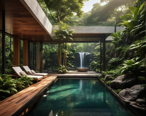 amanresorts,tropical jungle,tropical house,tropical forest,rainforest,rainforests,tropical greens,pool house,beautiful home,tropics,rain forest,tropical island,landscape design sydney,infinity swimming pool,neotropical,forest house,luxury bathroom,seclude,green waterfall,secluded,Conceptual Art,Fantasy,Fantasy 14