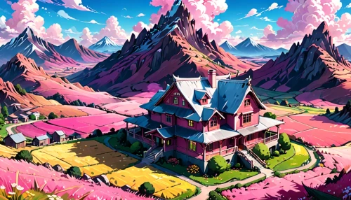 mountain settlement,alpine village,house in mountains,mountain village,house in the mountains,witch's house,candyland,roof landscape,pink grass,fairy chimney,pink squares,fairy village,kaleidoscape,aurora village,escher village,paisaje,dreamhouse,home landscape,mountain world,knight village,Anime,Anime,Traditional