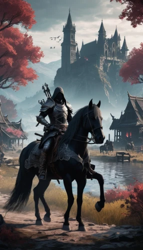 autumn background,nihei,masamune,autumn scenery,ashina,fantasy picture,samurai,toussaint,black horse,sengoku,game illustration,kiyomasa,bronze horseman,autumn theme,autumn landscape,sekigahara,ashigaru,seimei,goki,bluhdorn,Illustration,Realistic Fantasy,Realistic Fantasy 46