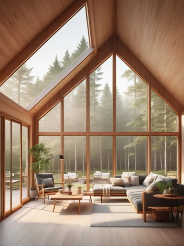 sunroom,snohetta,renderings,3d rendering,wooden beams,the cabin in the mountains,modern living room,daylighting,forest house,revit,timber house,living room,frame house,wooden windows,bohlin,livingroom,wooden roof,interior modern design,chalet,sketchup,Illustration,Retro,Retro 22