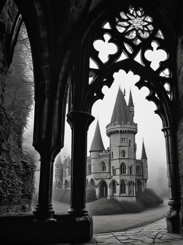 haunted cathedral,neogothic,diagon,gothic church,haunted castle,ghost castle,fairy tale castle sigmaringen,hogwarts,maulbronn monastery,pierrefonds,spires,ravenloft,cathedrals,wewelsburg,solesmes,drachenfels,gothic,caius,cloister,gothic style,Illustration,Black and White,Black and White 11