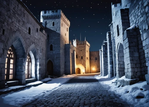 medieval castle,winterfell,winter night,medieval,castle of the corvin,medieval street,night image,castel,windows wallpaper,castlelike,templar castle,castleguard,ice castle,hospitaller,castles,castle,blackgate,knight's castle,white tower,castellated,Photography,General,Realistic