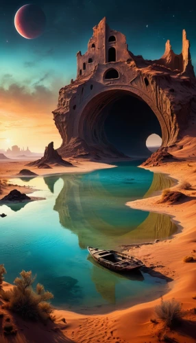 futuristic landscape,fantasy landscape,alien planet,lunar landscape,desert landscape,alien world,desert desert landscape,fantasy picture,desert planet,barsoom,libyan desert,dune landscape,moon valley,3d fantasy,world digital painting,fantasy art,arrakis,valley of the moon,landscape background,cydonia,Illustration,Realistic Fantasy,Realistic Fantasy 40